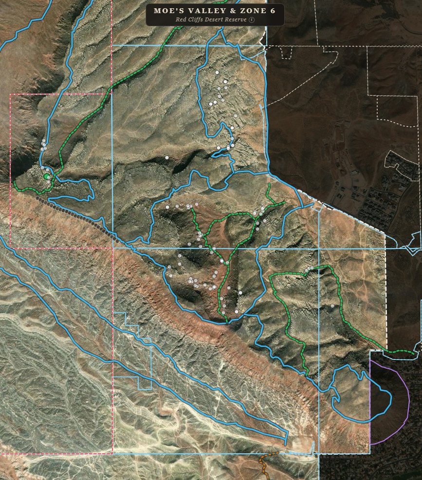 Overview of the Moe's Valley and Zone 6 Conservation Atlas showing trails, climbing sites, and reserve boundaries
